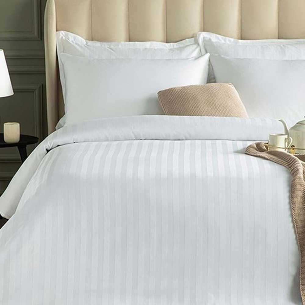 Nevresim Takımı Çizgili Saten Çift Kişilik Beyaz