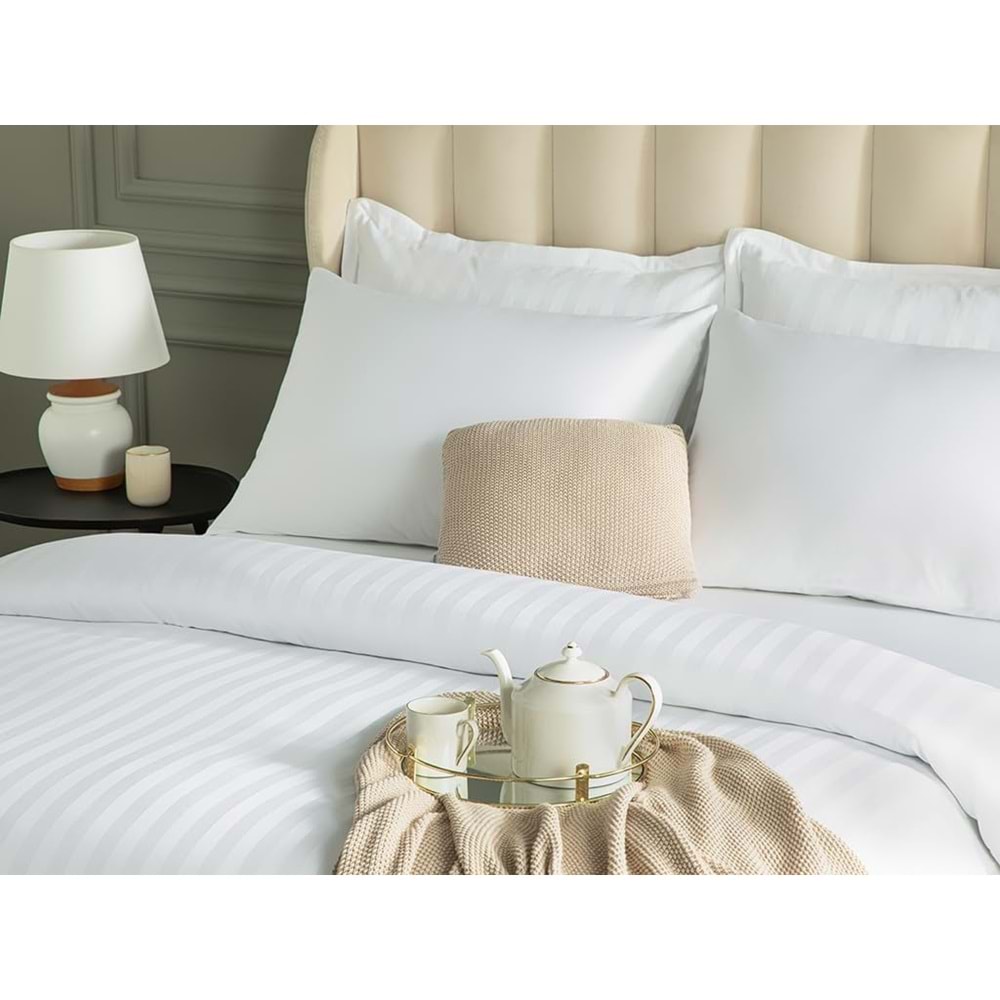 Nevresim Takımı Çizgili Saten Çift Kişilik Beyaz