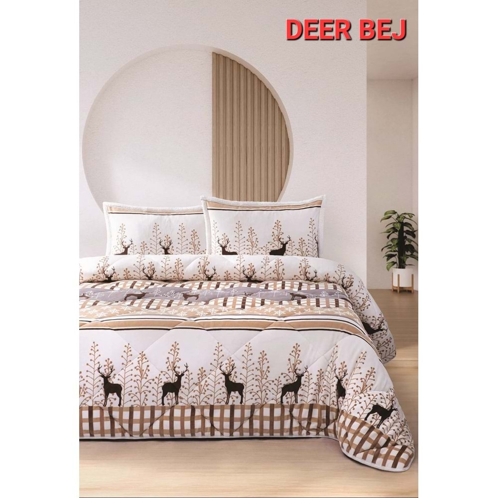 Yılbaşı Temalı Çift Kişilik Yorgan Seti Comforter Bej (1 Yorgan + 2 Yastık Kılıfı)