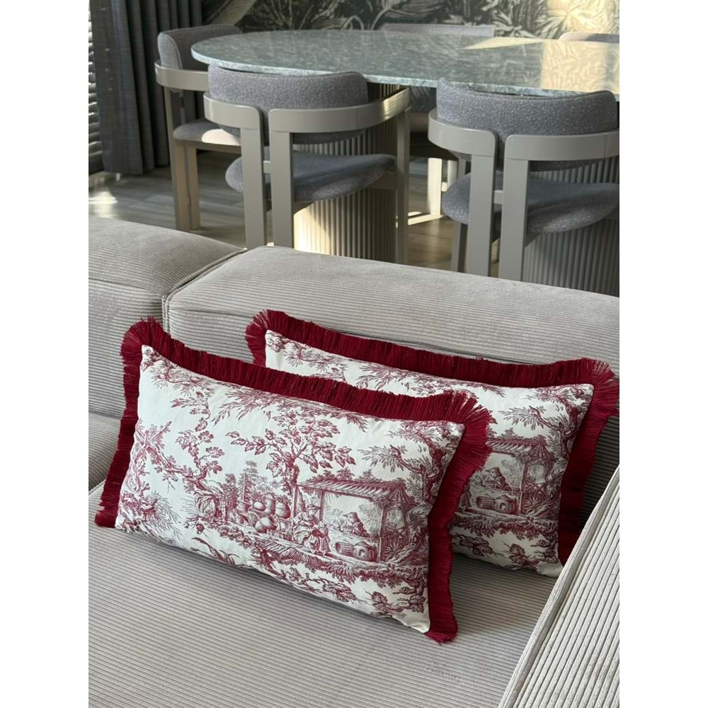 Çift Taraflı Dekoratif Saçaklı Kırlent Kılıfı Köylüler Bordo 30x50 cm -1 Adet