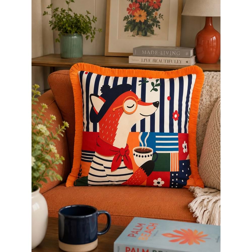 Çift Taraflı Dekoratif Saçaklı Kırlent Kılıfı Enerjik-1 43x43 cm -1 Adet