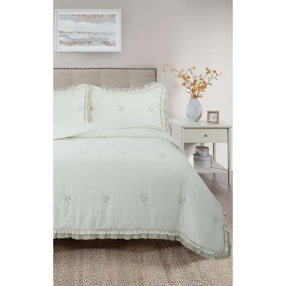 Perla Çift Kişilik Nakışlı Yatak Örtüsü Takımı - 240x260 cm - Günlük ve Çeyizlik - Krem