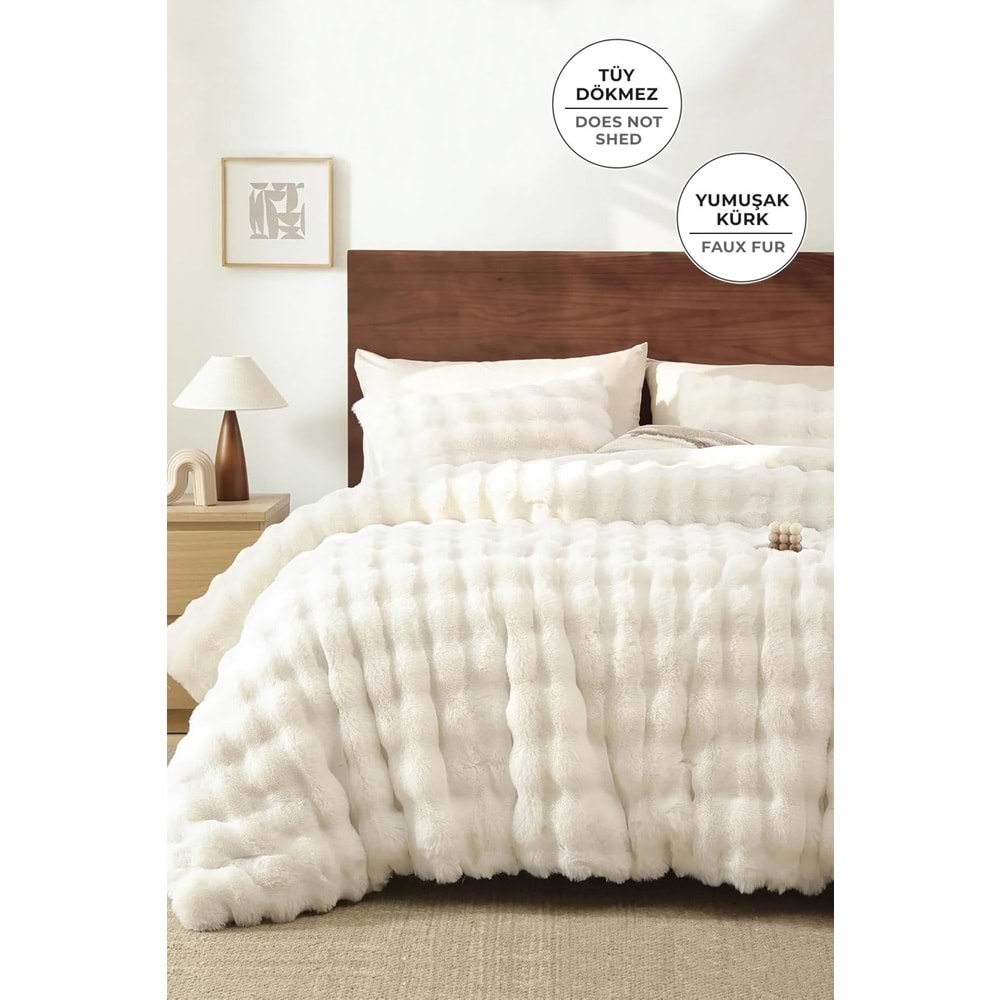 Kürk Yatak Örtüsü Seti Çift Kişilik Krem 3 Parça