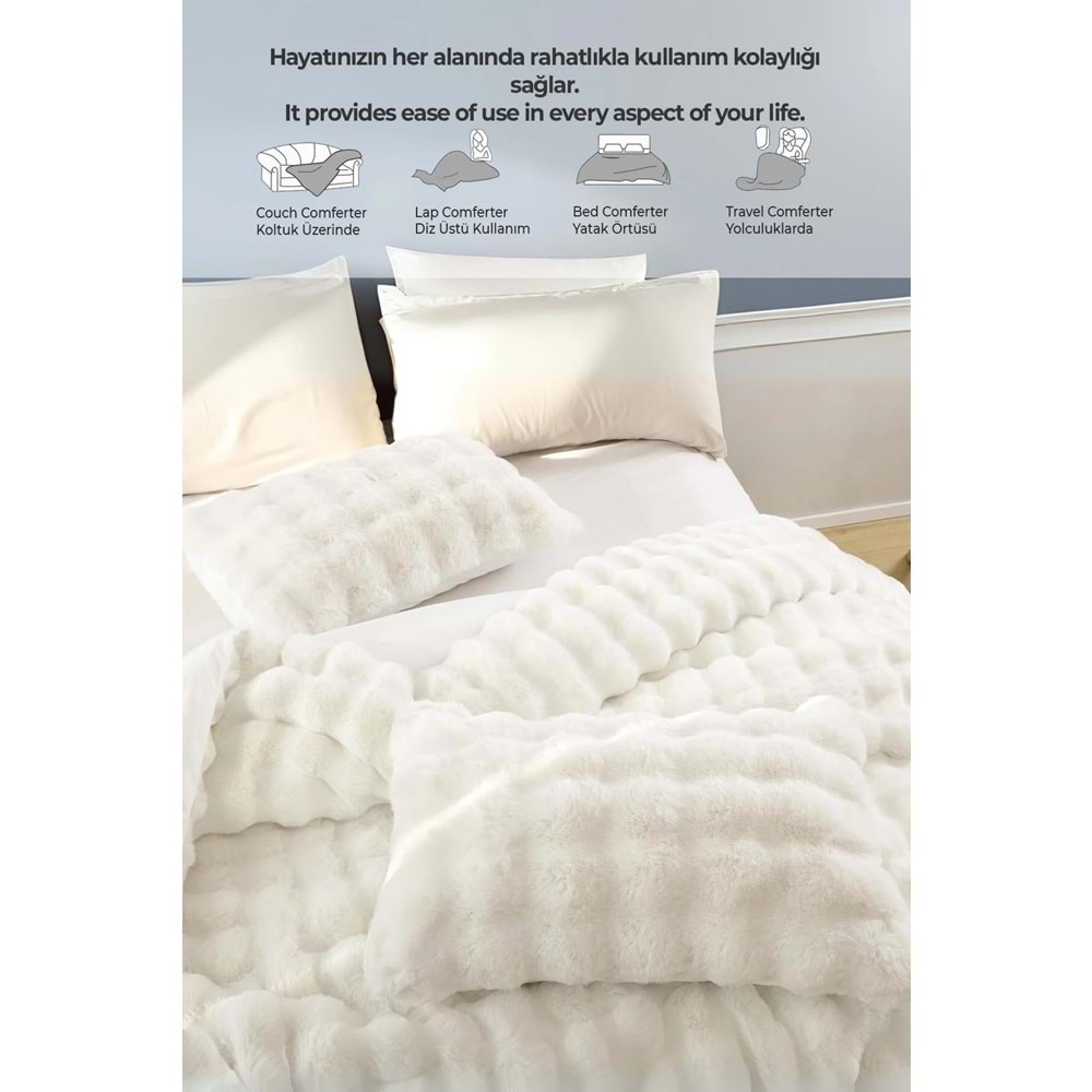Kürk Yatak Örtüsü Seti Çift Kişilik Krem 3 Parça