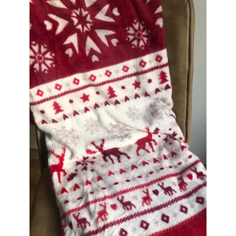 Yılbaşı Temalı Tek Kişilik 150x200 cm Polar Soft Battaniye Bordo Kırmızı Beyaz