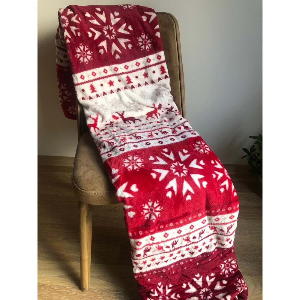 Yılbaşı Temalı Çift Kişilik 200x220 cm Polar Soft Battaniye Bordo Kırmızı Beyaz
