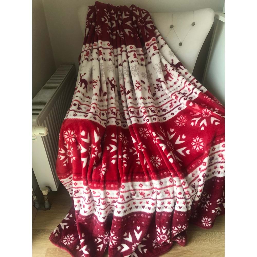 Yılbaşı Temalı Çift Kişilik 200x220 cm Polar Soft Battaniye Bordo Kırmızı Beyaz