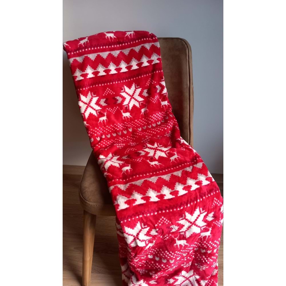 Yılbaşı Temalı Çift Kişilik 200x220 cm Polar Soft Battaniye Kırmızı Beyaz