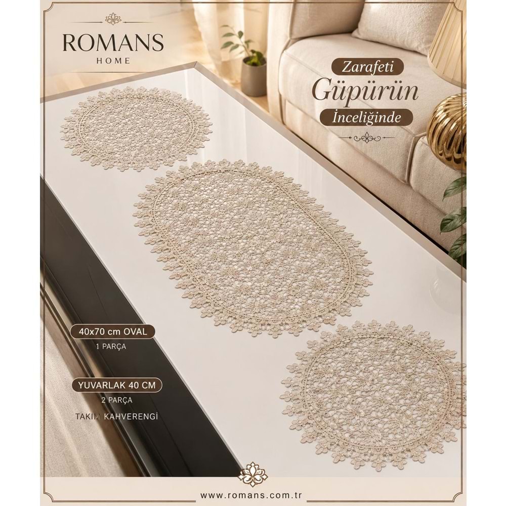 Güpür Sehpa Takımı 3 Parça (40x70 cm Oval Runner 1 Ad.+40 cm Yuvarlak Sehpa Örtüsü 2 Ad.)Kahverengi
