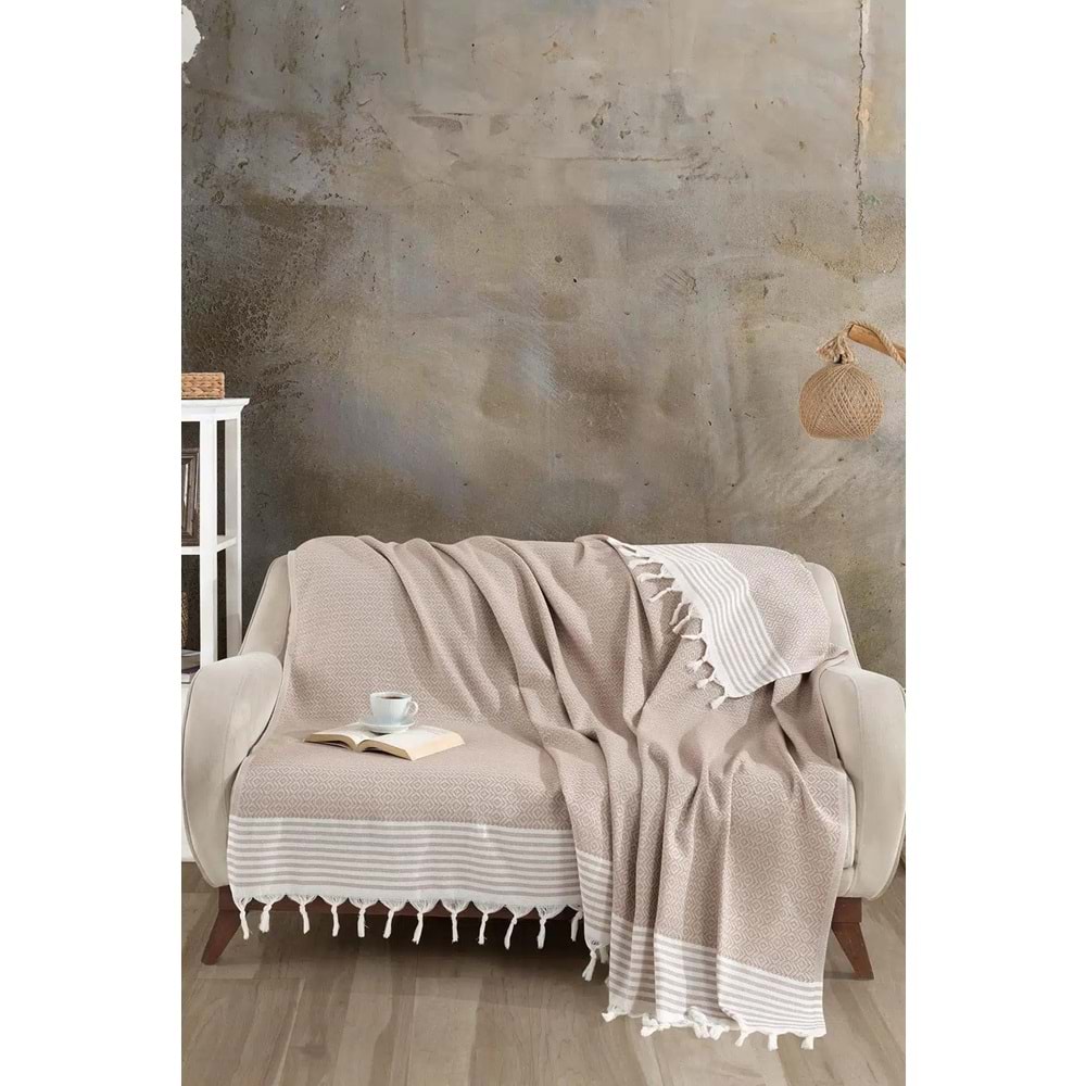 Naturel Pamuklu El Bağlamalı Saçaklı Koltuk Örtüsü - Koltuk Şalı 170x220 cm Açık Kahverengi