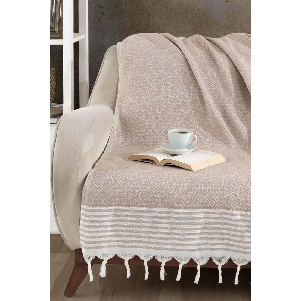 Naturel Pamuklu El Bağlamalı Saçaklı Koltuk Örtüsü - Koltuk Şalı 170x220 cm Açık Kahverengi