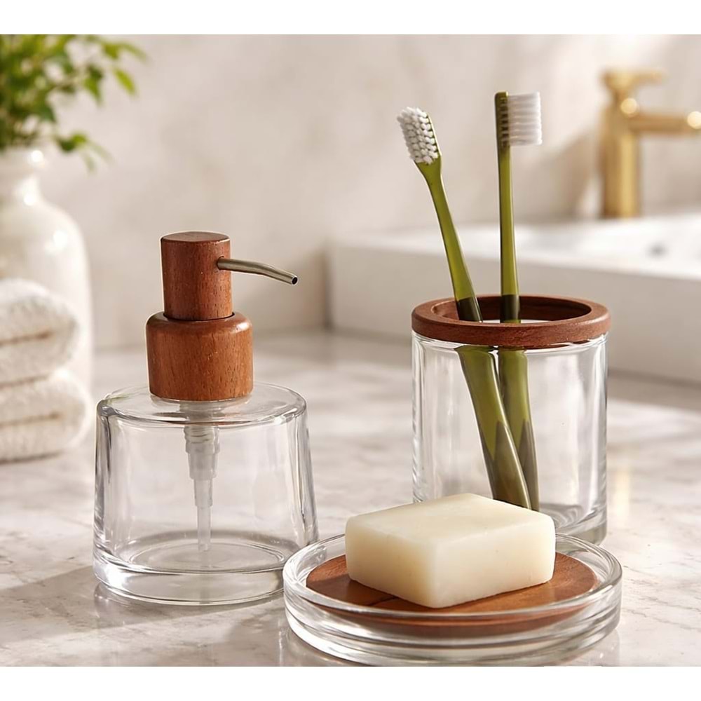 Cam & Doğal Ahşap Banyo Seti 3 Parça