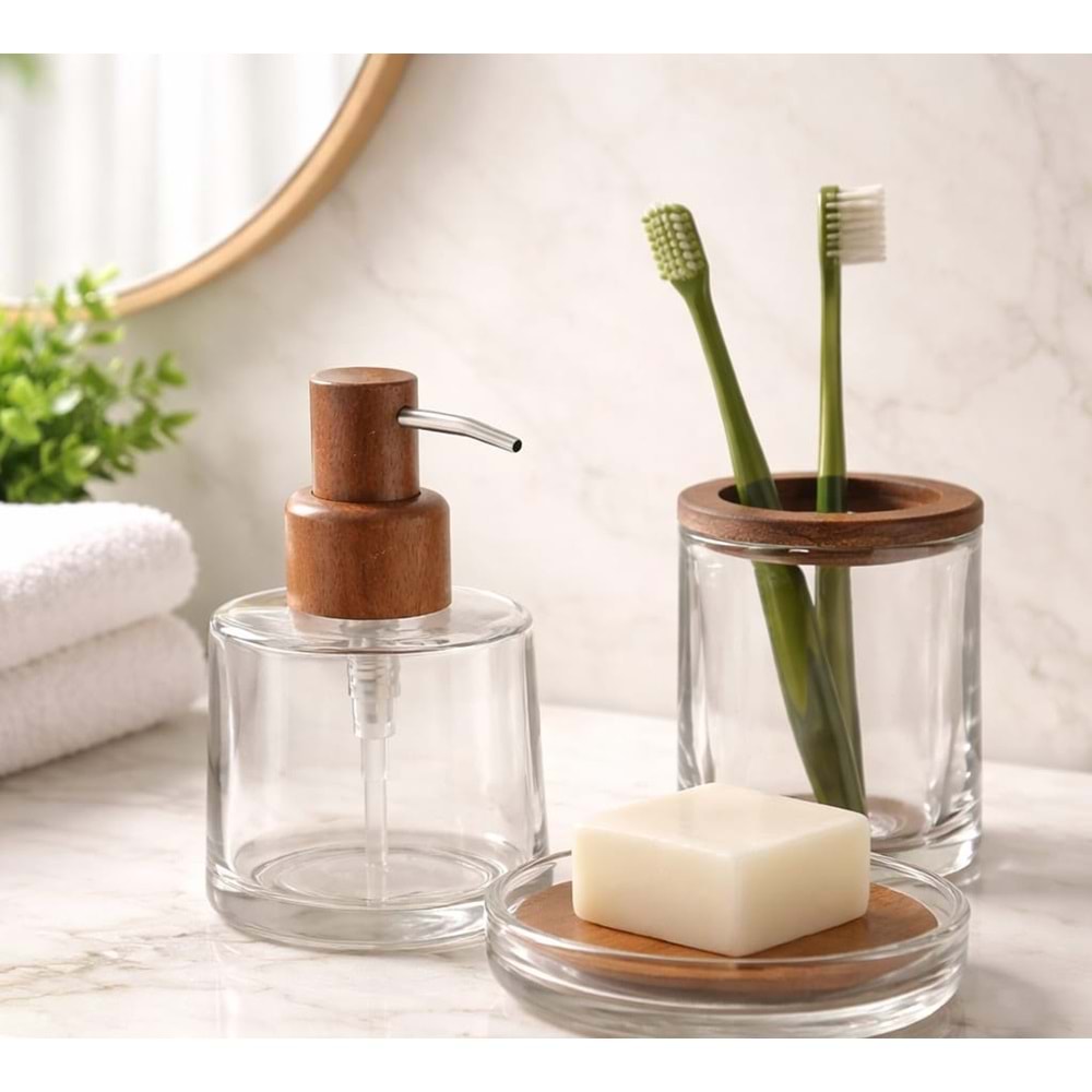 Cam & Doğal Ahşap Banyo Seti 3 Parça