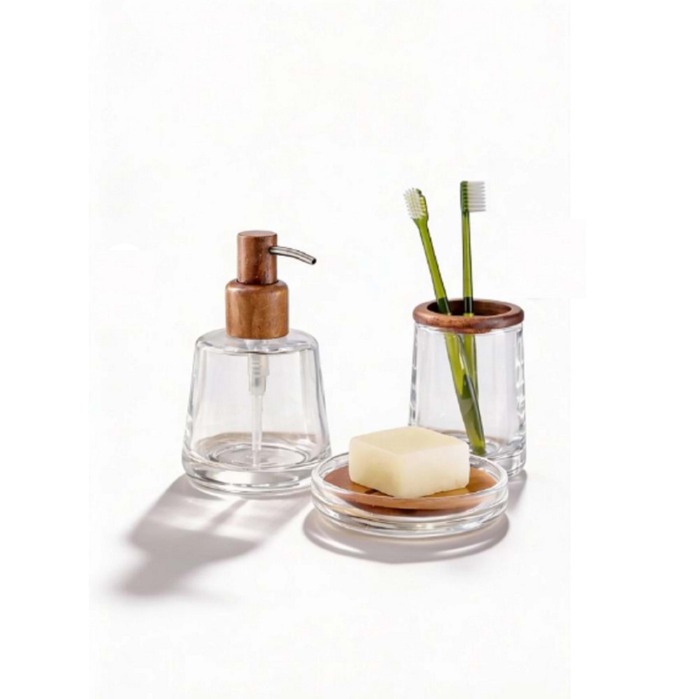 Cam & Doğal Ahşap Banyo Seti 3 Parça