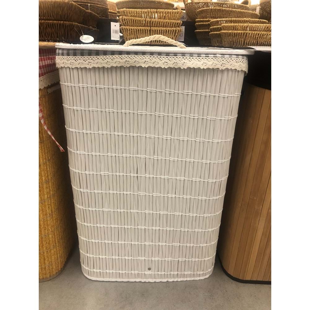 Rattan Katlanabilir Dikdörtgen Çamaşır Sepeti -Beyaz