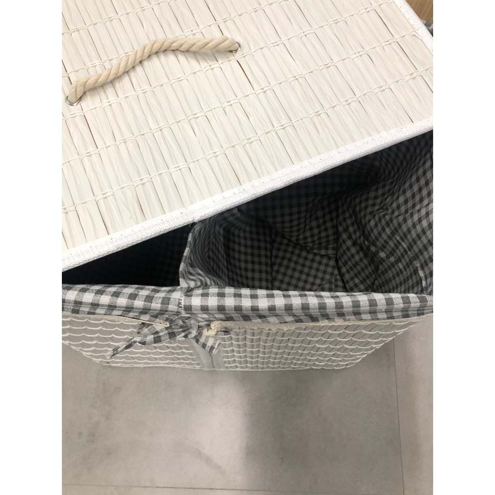 Rattan Katlanabilir Dikdörtgen Çamaşır Sepeti -Çift Bölmeli Beyaz