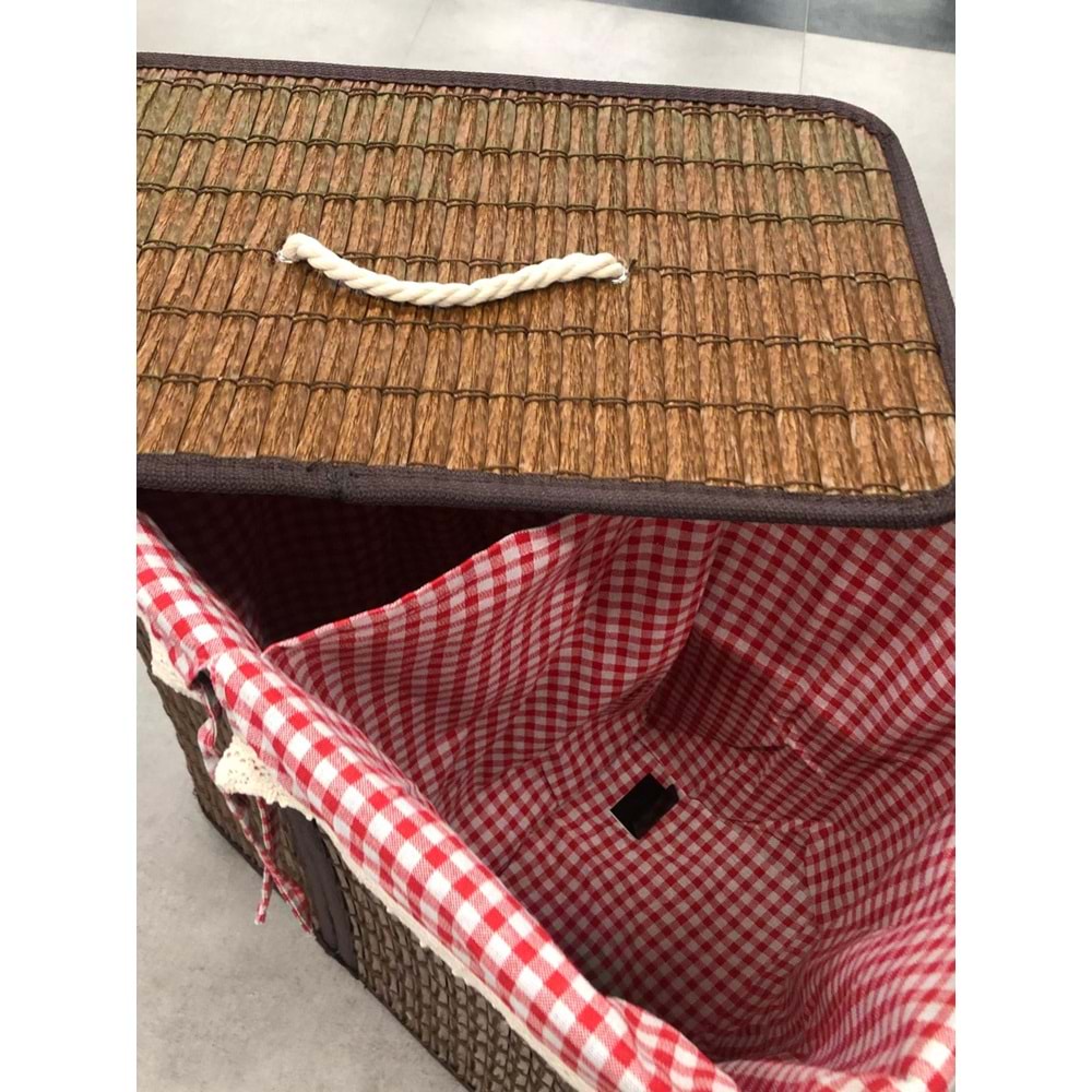 Rattan Katlanabilir Dikdörtgen Çamaşır Sepeti -Çift Bölmeli Kahverengi