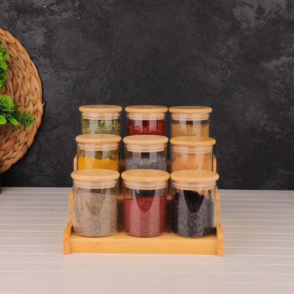 Bambu Raflı Bambu Kapaklı 9'lu Baharatlık Seti (10 Parça)