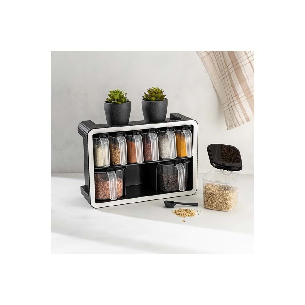 Standlı 9 lu Kaşıklı Kapaklı Plastik Baharatlık Takımı
