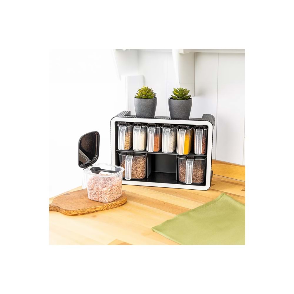 Standlı 9 lu Kaşıklı Kapaklı Plastik Baharatlık Takımı