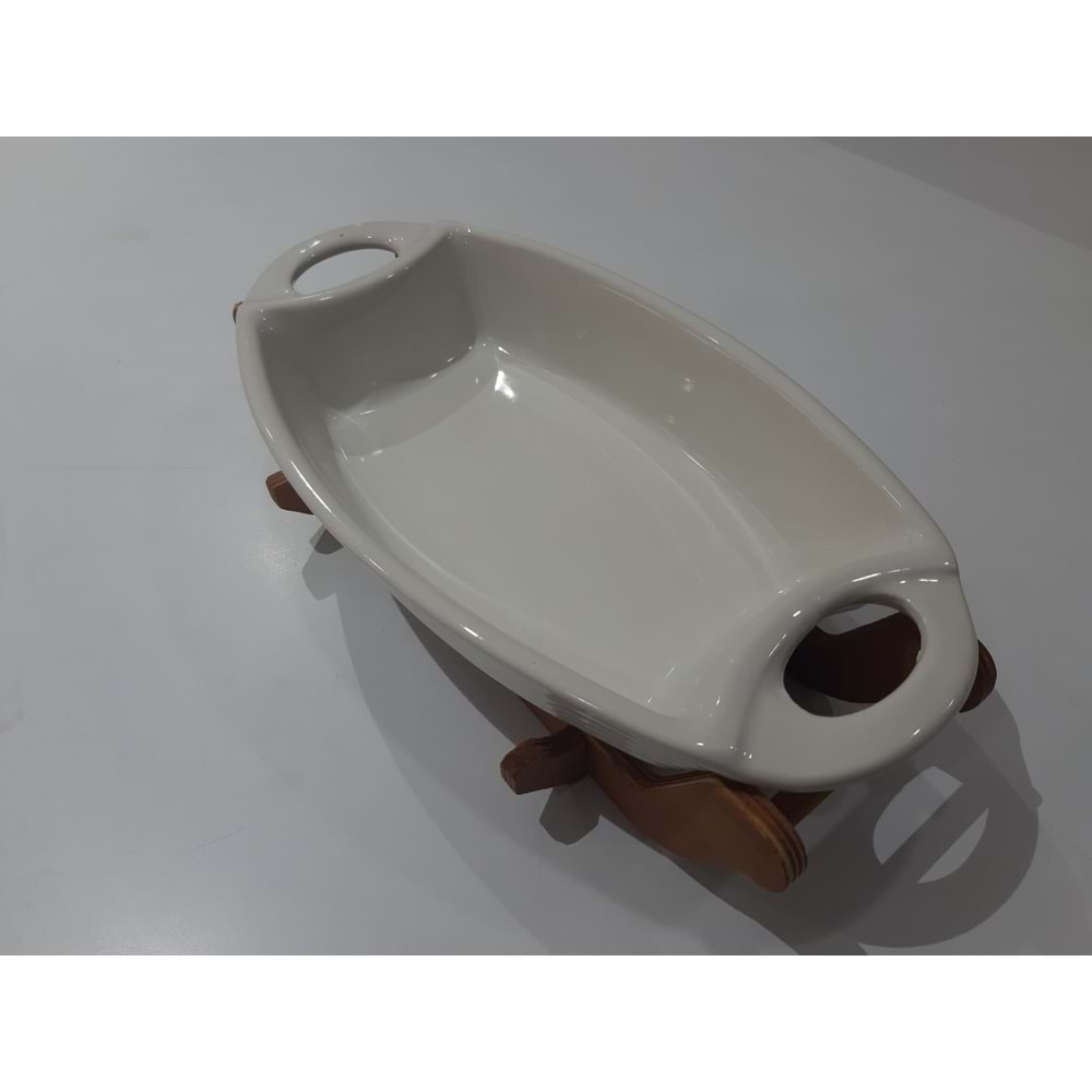 Ahşap Standlı Seramik Kulplu Gondol Fırın ve Sunum Kabı