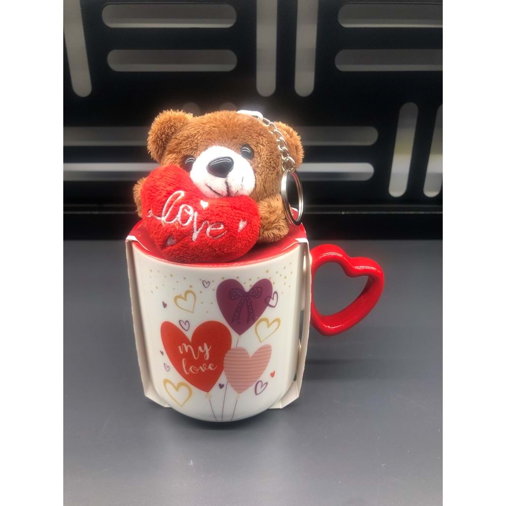 Peluş Ayıcık Anahtarlıklı Porselen Kalp Kupa -2-380 ml
