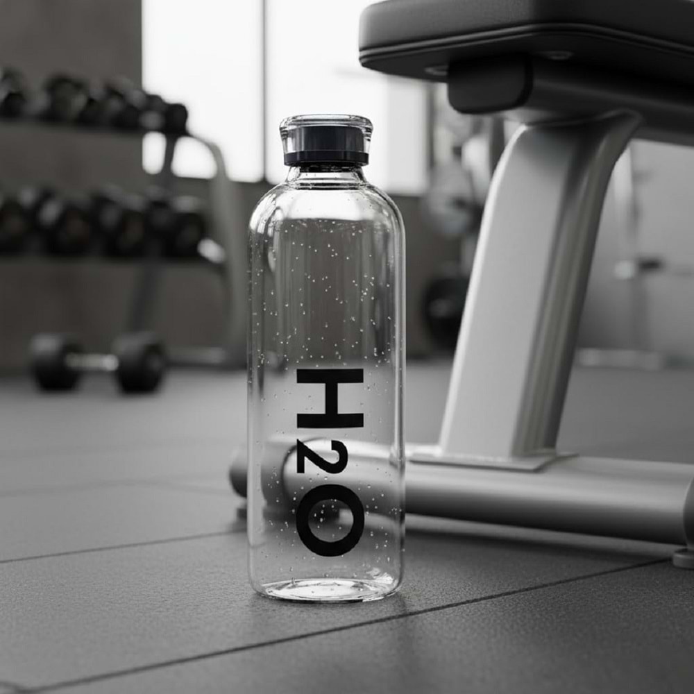 Borosilikat Cam Matara Siyah H2O Desenli 1litre