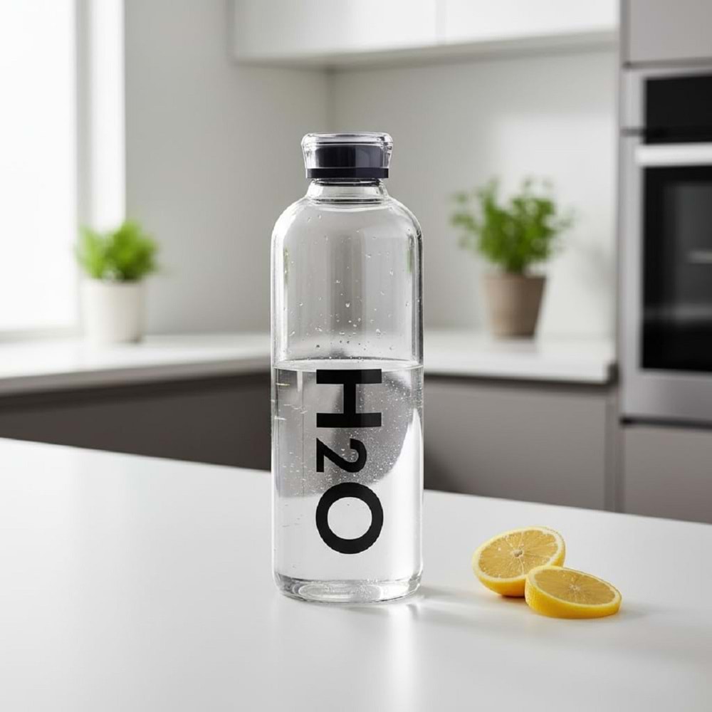 Borosilikat Cam Matara Siyah H2O Desenli 1litre