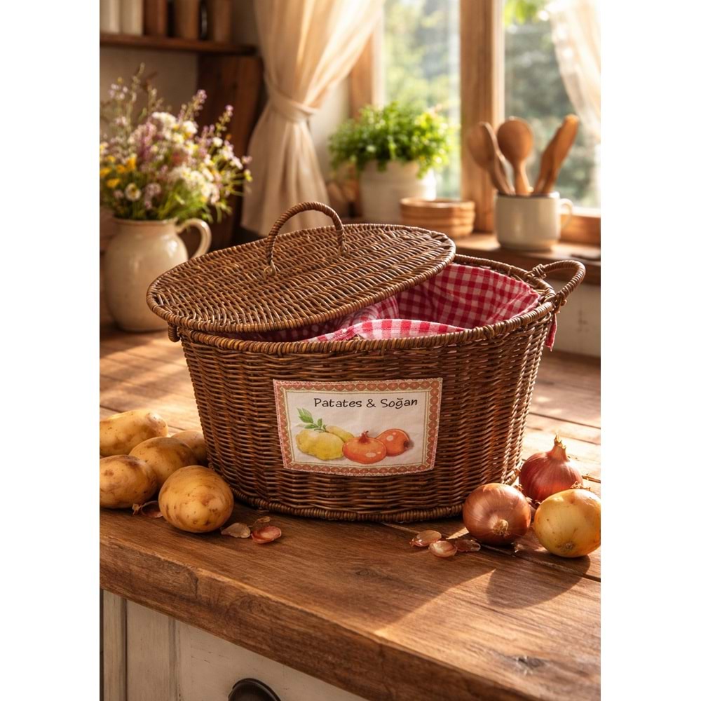 Rattan Hasır Bölmeli Kapaklı Sebzelik - Patates Soğan Sebze Sepeti