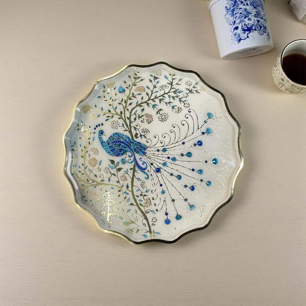 Özel Tasarım El Yapımı Ahşap , Cam Görünümlü Tepsi Tavuskuşu Yuvarlak