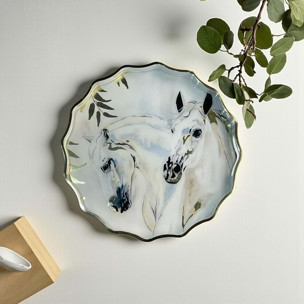 Özel Tasarım El Yapımı Ahşap , Cam Görünümlü Tepsi Horse Beyaz Yuvarlak