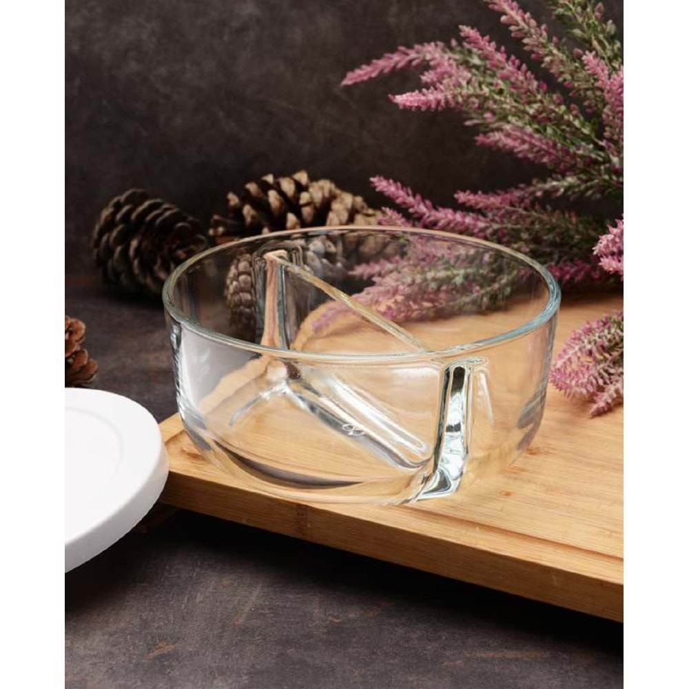 İki Bölmeli Kapaklı Cam Kahvaltılık Saklama Kabı - Beyaz Kapaklı -2 Adet -785 cc