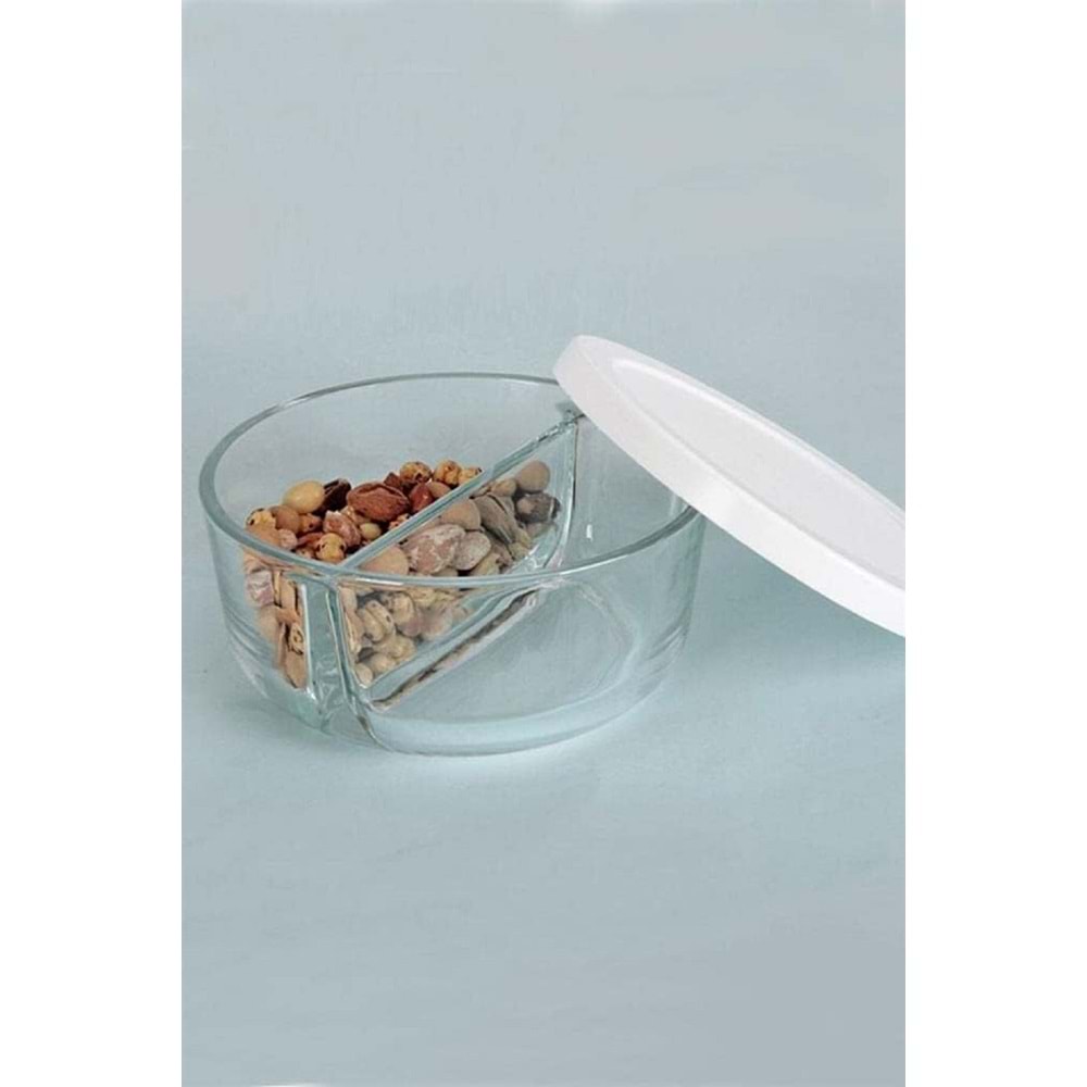 İki Bölmeli Kapaklı Cam Kahvaltılık Saklama Kabı - Beyaz Kapaklı -2 Adet -785 cc