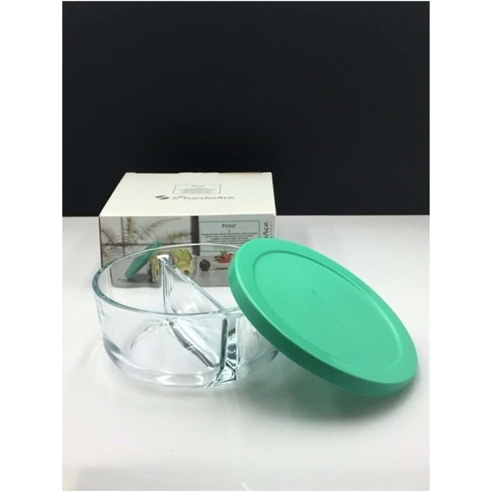 İki Bölmeli Kapaklı Cam Kahvaltılık Saklama Kabı - Yeşil Kapaklı -2 Adet -785 cc