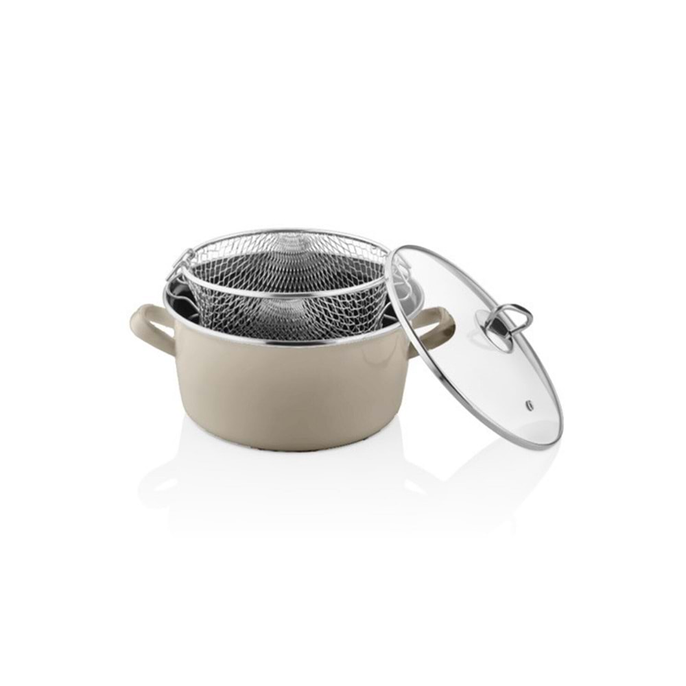 Emaye 22 cm Kızartma Tenceresi (Fritöz) Toprak Rengi