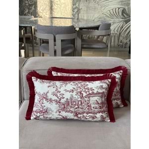 Çift Taraflı Dekoratif Saçaklı Kırlent Kılıfı Köylüler Bordo 30x50 cm -1 Adet