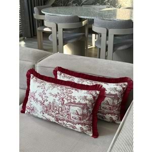 Çift Taraflı Dekoratif Saçaklı Kırlent Kılıfı Köylüler Bordo 30x50 cm -1 Adet