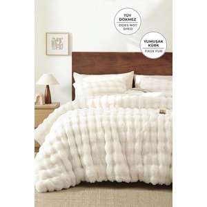 Kürk Yatak Örtüsü Seti Çift Kişilik Krem 3 Parça