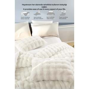 Kürk Yatak Örtüsü Seti Çift Kişilik Krem 3 Parça