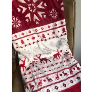 Yılbaşı Temalı Çift Kişilik 200x220 cm Polar Soft Battaniye Bordo Kırmızı Beyaz