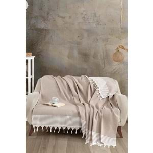 Naturel Pamuklu El Bağlamalı Saçaklı Koltuk Örtüsü - Koltuk Şalı 170x220 cm Açık Kahverengi