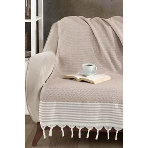 Naturel Pamuklu El Bağlamalı Saçaklı Koltuk Örtüsü - Koltuk Şalı 170x220 cm Açık Kahverengi