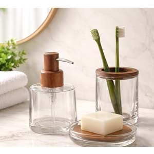 Cam & Doğal Ahşap Banyo Seti 3 Parça