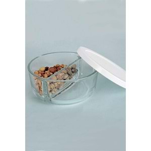 İki Bölmeli Kapaklı Cam Kahvaltılık Saklama Kabı - Beyaz Kapaklı -2 Adet -785 cc