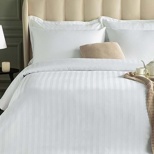 Nevresim Takımı Çizgili Saten Çift Kişilik Beyaz