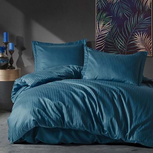 Nevresim Takımı Çizgili Saten Çift Kişilik Mavi Kolay Ütülenir Mavi