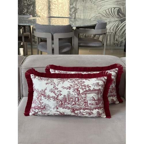Çift Taraflı Dekoratif Saçaklı Kırlent Kılıfı Köylüler Bordo 30x50 cm -1 Adet