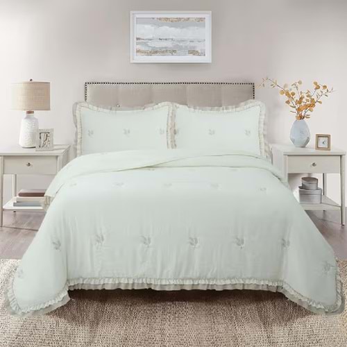 Perla Çift Kişilik Nakışlı Yatak Örtüsü Takımı - 240x260 cm - Günlük ve Çeyizlik - Krem