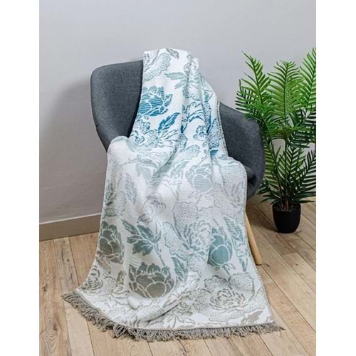 Pamuklu Püsküllü Çift Taraflı Tek Kişilik Battaniye 150x200 cm Amerente Mavi