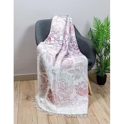 Pamuklu Püsküllü Çift Taraflı Çift Kişilik Battaniye 180x220 cm Amerente Pembe